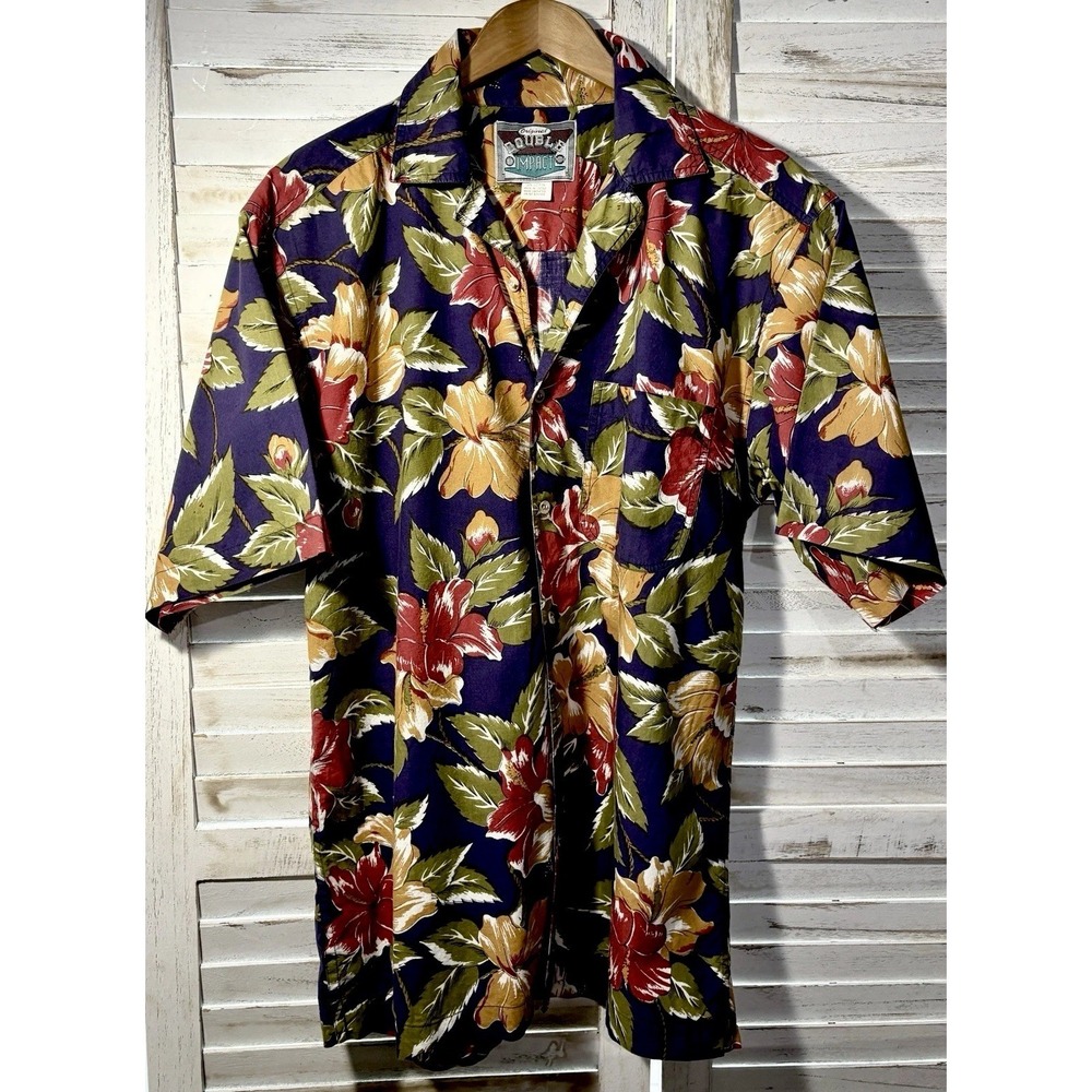 Hawaiian Shirt  Mens SS  Cotton Floral  Double Impact M Tropical Vibrant Resort